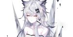  1girl animal_ears arknights artist_name bangs bare_shoulders breasts cleavage commentary_request eyebrows_visible_through_hair hair_ornament hairclip lappland_(arknights) looking_at_viewer parted_lips sheya signature simple_background solo strapless tubetop upper_body white_background wolf_ears 