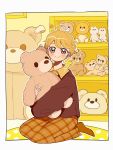  1girl blonde_hair blush brown_footwear brown_shirt brown_skirt collared_shirt heart highres kisaragi_yuu_(fallen_sky) long_skirt long_sleeves object_hug original plaid plaid_skirt seiza shelf shirt shoes signature sitting skirt smile solo stuffed_animal stuffed_toy teddy_bear yellow_theme 