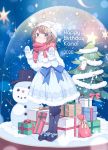  1girl absurdres black_legwear blurry blurry_background blush brown_hair christmas_tree commentary_request deer_antlers full_body gift highres issindotai kano_(singer) looking_at_viewer original pantyhose purple_eyes scarf short_hair snow_globe snowing snowman solo virtual_youtuber winter_clothes 