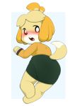  accessory animal_crossing anthro black_eyes black_nose blonde_hair blush bottomwear canid canine canis clothed clothing diaper diaper_bulge domestic_dog embarrassed female fur hair hair_accessory hair_tie isabelle_(animal_crossing) mammal nintendo nyanyakotarou open_mouth pencil_skirt raised_tail shih_tzu short_hair skirt solo topwear toy_dog video_games yellow_body yellow_fur 