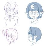  1990s_(style) 1girl arara_cocoa breasts cleavage coke-bottle_glasses glasses hair_ornament highres jewelry monochrome ng_knight_lamune_&amp;_40 pointy_ears short_hair simple_background smile solo ueyama_michirou white_background 