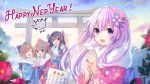  2021 black_hair blush brown_hair cloud flower group_picture hair_flower hair_ornament japanese_clothes looking_at_viewer nepgear neptune_(series) new_year pink_hair purple_eyes ram_(neptune_series) red_eyes rom_(neptune_series) short_hair signature smile torii tsunako uni_(neptune_series) 