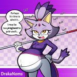  1:1 2020 absurd_res anthro belly big_belly blaze_the_cat bottomwear breasts clothing domestic_cat drakanoms english_text felid feline felis female fur hi_res mammal overweight overweight_anthro overweight_female pants pole pregnant purple_body purple_clothing purple_fur simple_background solo sonic_the_hedgehog_(series) speech_bubble text white_belly yellow_eyes 