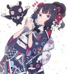  &gt;_&lt; 1girl :o animal bangs black_hair black_kimono blue_eyes bowl chinese_zodiac closed_eyes commentary_request cow_horns cup drinking_glass dutch_angle eyebrows_visible_through_hair fake_horns fate/grand_order fate_(series) floral_print hair_ornament hands_up highres holding holding_bowl holding_cup horns japanese_clothes katsushika_hokusai_(fate/grand_order) kimono looking_at_viewer notice_lines obi octopus parted_lips print_kimono sash sparkle_background tokitarou_(fate/grand_order) totatokeke white_background year_of_the_ox 
