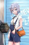  1girl absurdres alternate_costume bag bangs blue_eyes blush chris_(konosuba) english_text hair_between_eyes hand_in_pocket handbag highres kono_subarashii_sekai_ni_shukufuku_wo! looking_at_viewer scar short_hair sign tkd_(user_jrzs2785) watch white_hair wristwatch 