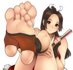  1girl barefoot brown_eyes brown_hair fan fatal_fury feet folding_fan foot_focus high_ponytail highres long_hair ponytail rg shiranui_mai simple_background smile soles solo the_king_of_fighters toeless_legwear toes white_background 