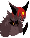  alternate_species ambiguous_gender anthro archer_ashwatthama brown_body canid canine canis fangs hair mammal midi_hazapero monster open_mouth orange_hair red_sclera simple_background snarling solo teeth tongue 