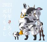  1girl 2021 animal_ears animal_print bangs bell black_eyes black_hair blue_background blue_eyes chinese_zodiac clenched_hand clenched_hands cow_ears cow_print happy_new_year highres horns jgsdf_type_07_tank_natchin kukuri_natsuki looking_ahead mecha moi_moi7 new_year original pilot_suit science_fiction short_hair year_of_the_ox 