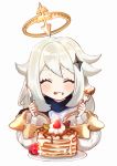  1girl blush butter_knife cape closed_eyes dress eating food fork fruit genshin_impact hair_between_eyes halo paimon_(genshin_impact) pancake scarf shiny short_hair sparkle strawberry tongue tongue_out whipped_cream white_background white_dress white_hair yukisuke_(user_gtmm7833) 