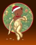  4:5 anthro bow_tie candy chocolate chris_sutor christmas christmas_clothing christmas_headwear christmas_lights christmas_tree clothed clothing dessert erection erection_under_clothing foil food gold_(metal) hat headgear headwear hi_res holidays male mammal nipple_outline nipples plant ribbons ripping santa_hat solo striptease teddy_bear torn_clothing tree undressing ursid 