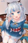  1girl :d animal animal_band_legwear animal_ear_fluff animal_ears arm_support bangs bell blue_eyes blue_footwear blue_hair blue_hoodie blue_nails blush boots cat cat_band_legwear cat_ears claw_pose commentary_request eyebrows_visible_through_hair fake_animal_ears fish_tail gawr_gura hair_ornament hairband hand_up highres hitsukuya hololive hololive_english hood hood_down hoodie jingle_bell long_hair long_sleeves looking_at_viewer multicolored_hair nail_polish on_floor open_mouth shark_tail sharp_teeth signature silver_hair sleeves_past_wrists smile solo streaked_hair tail teeth two_side_up virtual_youtuber white_legwear wide_sleeves wooden_floor yarn yarn_ball 