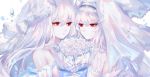  2girls arknights artist_name bangs bare_shoulders bouquet commentary_request eyebrows_visible_through_hair flower hair_between_eyes multiple_girls parted_lips rose sheya signature skadi_(arknights) specter_(arknights) veil white_background white_flower white_rose yuri 