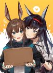  112423a 2girls amiya_(arknights) animal_ears arknights ascot black_gloves black_hair black_jacket black_neckwear blue_eyes blush box brown_hair bunny_ears cardboard_box cat_ears eyebrows_visible_through_hair gloves hair_between_eyes hairband heart highres holding holding_box hug hug_from_behind infection_monitor_(arknights) jacket jewelry long_hair multiple_girls multiple_rings necklace open_clothes open_jacket open_mouth red_hairband ring shirt short_hair_with_long_locks spoken_heart sweatdrop upper_body white_jacket white_shirt yuri 