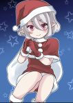  1girl bangs blush dress gloves hair_between_eyes hat holding holding_sack jin_kansai kokkoro_(princess_connect!) looking_at_viewer pointy_ears princess_connect! princess_connect!_re:dive red_eyes red_gloves sack santa_costume santa_hat short_hair star_(symbol) white_hair 