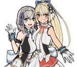  2girls bangs blonde_hair blue_bow bow breasts dark_skin dark_skinned_female gloves green_eyes hair_bow hololive idol_clothes kintsuba_(shiranui_flare) large_breasts long_pointy_ears long_ponytail metal_hairband multiple_girls open_hand pointy_ears ponytail sazare_(sazare_az) shiranui_flare shirogane_noel silver_hair sketch smile tied_hair virtual_youtuber waving white_background white_bow white_gloves 