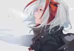  1girl antenna_hair arknights black_jacket black_scarf breath demon_horns erhuo from_side horns jacket looking_up portrait red_eyes scarf short_hair solo w_(arknights) white_background white_hair 