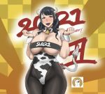  2020 animal_humanoid bandeau bell big_breasts black_hair bovid bovid_humanoid bovine bovine_humanoid breasts brown_eyes cattle_humanoid chinese_zodiac clothing female hair hi_res holidays horn humanoid legwear mammal mammal_humanoid new_year pantyhose shibusun shirt_collar shirt_cuffs solo topwear year_of_the_ox 