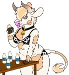  2018 alpha_channel animal_print anthony_(goldiescales) anthro bell bell_collar beverage biped black_collar bovid bovine bra breasts cattle clothed clothing collar cow_print cowbell female footwear goldiescales hi_res holding_beverage holding_object horn knee_highs legwear mammal milk partially_clothed pink_nose socks solo standing text trans_(lore) trans_man_(lore) underwear 