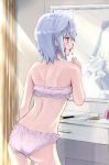  1girl absurdres bangs bathroom blue_eyes bra chris_(konosuba) eris_(konosuba) highres kono_subarashii_sekai_ni_shukufuku_wo! lipstick makeup mirror panties pink_panties reflection scar short_hair spoilers tkd_(user_jrzs2785) underwear white_hair 