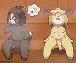  2020 animal_crossing anthro balls big_penis bodily_fluids breasts brown_body brown_fur canid canine canis comparing comparing_penis digby_(animal_crossing) dipstick_tail domestic_dog duo eyes_closed flaccid foreskin front_view fur genitals grey_eyes gynomorph gynomorph/male humanoid_genitalia humanoid_penis inside intersex intersex/male isabelle_(animal_crossing) long_penis male mammal multicolored_body multicolored_fur multicolored_tail nintendo nude open_mouth penis punkskunkart sauna sitting slightly_chubby sweat sweatdrop thought_bubble two_tone_body two_tone_fur uncut video_games white_body white_fur yellow_body yellow_fur 