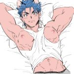  1boy animal_ears armpits arms_behind_head bare_arms cu_chulainn_(fate)_(all) dog_boy dog_ears earrings fang fate_(series) groin jewelry kemonomimi_mode long_hair lying male_focus muscular muscular_male navel nipple_slip nipples on_back on_bed pillow red_eyes solo tank_top tarako_(kubo315) wardrobe_malfunction white_tank_top 