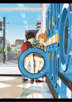  2boys ass backpack bag black_hair blazer bottomless day full_body indoors jacket laundromat leg_up male_focus multiple_boys nakayuki_t necktie orange_hair original public_nudity school_uniform vest washing_machine window 