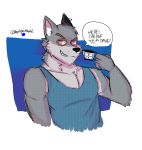  2019 anthro black_nose canid canine canis clothing cup fur grey_body grey_fur hi_res male mammal paintstainpawbz password_(visual_novel) shirt solo topwear tyson_(password) video_games visual_novel wolf 