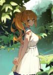  1girl arms_behind_back bangs blonde_hair blurry blurry_background blurry_foreground branch closed_mouth commentary_request dappled_sunlight day depth_of_field dress from_side green_eyes hair_ribbon heart holding holding_letter leaf letter light_particles long_hair looking_at_viewer love_letter medium_dress original outdoors ponytail ribbon sailor_dress seinen sleeveless sleeveless_dress smile solo standing sunlight tree white_dress yellow_ribbon 