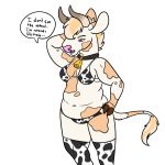  2018 alpha_channel animal_print anthony_(goldiescales) anthro bell bell_collar biped black_collar bovid bovine bra breasts cattle clothed clothing collar cow_print cowbell dialogue english_text female footwear goldiescales knee_highs knee_socks legwear mammal partially_clothed pink_nose socks solo standing text trans_(lore) trans_man_(lore) underwear 
