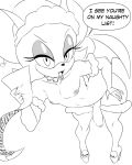  4:5 anthro areola bent_over chiropteran clothing crossgender dialogue english_text footwear ftm_crossgender genitals girly hand_on_hip hi_res high_heels male mammal monochrome nipples penis rouge_the_bat shoes simple_background solo sonic_the_hedgehog_(series) text thecon white_background 