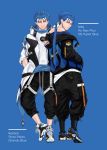  2boys alternate_costume arm_on_shoulder baggy_pants beads blue_hair closed_mouth cu_chulainn_(fate)_(all) cu_chulainn_(fate/grand_order) earrings fate/grand_order fate/stay_night fate_(series) fingerless_gloves full_body gloves hair_beads hair_ornament highres hood hood_down hoodie jacket jewelry lancer long_hair looking_at_viewer male_focus multiple_boys multiple_persona nike pants pocket ponytail red_eyes reebok ruuto_(ruto3) shoes simple_background smile sneakers spiked_hair standing type-moon white_background 