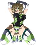  1girl akatsuki_kirika arms_up ass ass_visible_through_thighs blonde_hair breasts cameltoe full_body goridou green_eyes green_leotard impossible_clothes impossible_leotard leotard looking_at_viewer medium_breasts revision scythe senki_zesshou_symphogear shiny shiny_clothes shiny_hair shiny_skin short_hair simple_background skin_tight smile solo spread_legs striped striped_legwear thighs white_background 