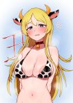  1girl animal_ears animal_print areola_slip areolae arms_behind_back bangs bare_shoulders bell bell_collar bikini bikini_top blonde_hair blue_background blue_eyes blush breasts cleavage collar collarbone commentary_request cow_ears cow_girl cow_horns cow_print cowbell embarrassed eyebrows_visible_through_hair flying_sweatdrops gradient gradient_background hair_between_eyes halter_top halterneck highres horns idolmaster idolmaster_million_live! large_breasts long_hair looking_at_viewer minakami navel open_mouth parted_bangs print_bikini shinomiya_karen sidelocks solo standing steaming_body stomach sweat swimsuit upper_body very_long_hair wavy_mouth white_background 