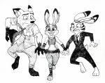  2gredvisions anthro blush canid canine clothed clothing dipstick_ears disney female feral fox fully_clothed fur grey_body grey_fur group hi_res jack_savage judy_hopps lagomorph leporid male male/female mammal midriff multicolored_ears nick_wilde orange_body orange_fur polyamory rabbit red_fox simple_background standing tongue tongue_out white_background zootopia 