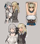  &gt;_&lt; 2girls =_= arm_behind_head armpits asymmetrical_docking bangs bare_shoulders blush breast_press breasts cleavage commentary elf enderman eyebrows_visible_through_hair grey_background hand_on_own_arm highres hololive large_breasts long_hair medium_breasts medium_hair minecraft multiple_girls multiple_views open_mouth pointy_ears sazare_(sazare_az) shiranui_flare shirogane_noel short_hair stuffed_toy virtual_youtuber yuri 