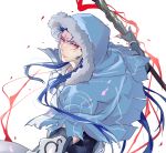  1boy angry blue_hair bracelet capelet closed_mouth cu_chulainn_(fate)_(all) cu_chulainn_(fate/grand_order) earrings elbow_gloves fate/grand_order fate_(series) fingerless_gloves floating_hair fur-trimmed_hood fur_trim gloves hood hood_up hooded_capelet jewelry long_hair male_focus nozawa red_eyes simple_background skin_tight solo staff type-moon vambraces white_background 
