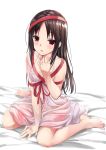  1girl anno_masato bangs barefoot black_hair blurry blurry_background blush chemise commentary depth_of_field gift_wrapping highres kaguya-sama_wa_kokurasetai_~tensai-tachi_no_renai_zunousen~ lingerie long_hair looking_at_viewer open_mouth red_eyes red_ribbon ribbon shinomiya_kaguya simple_background sitting solo underwear wariza white_background 