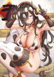  1girl animal_print bangs barefoot bikini blush bow breasts brown_gloves brown_hair cleavage collar cow_print cow_tail fake_horns fake_tail gloves hair_over_one_eye happy_new_year highres himuro_shunsuke horns large_breasts looking_at_viewer mole mole_on_breast multicolored_hair multiple_moles new_year nose_blush original purple_eyes red_bow swept_bangs swimsuit tail thighhighs two-tone_hair watermark 