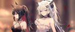  2girls alternate_costume animal_ears arknights artist_name bare_shoulders black_dress black_hair blue_eyes breasts commentary_request criss-cross_halter dress hair_ornament hairclip halterneck lappland_(arknights) long_hair medium_breasts multicolored_hair multiple_girls profile red_hair sheya signature silver_hair texas_(arknights) upper_body white_dress wolf_ears 