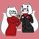  &lt;3 &lt;3_eyes 1:1 absurd_res anthro arctic_fox beauty_mark biped black_bottomwear black_clothing black_nose black_shirt black_topwear bottomwear breasts canid canine clothed clothing cosplay female fox fully_clothed fur green_eyes hair helltaker heterochromia hi_res horn ivy_(scourgesolace) looking_at_viewer mammal medium_breasts modeus_(helltaker) monotone_body monotone_fur monotone_hair multiple_images pants pink_background red_bottomwear red_clothing red_eyes red_topwear scourgesolace_(artist) shirt simple_background solo standing sweater topwear white_body white_fur white_hair 