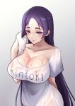  1girl absurdres blush breasts cleavage collarbone fate/grand_order fate_(series) gradient gradient_background henthaisan highres large_breasts lips minamoto_no_raikou_(fate/grand_order) purple_eyes see-through shirt smile solo taut_clothes taut_shirt wet wet_clothes 