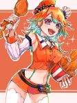  1girl absurdres belt breasts chef_hat chicken_leg detached_sleeves earrings feather_earrings feathers food gradient_hair green_hair hat highres holding holding_food hololive hololive_english jewelry mamiya_miya medium_breasts midriff miniskirt multicolored_hair navel open_mouth orange_hair orange_headwear orange_skirt skirt solo sparkling_eyes thighhighs virtual_youtuber white_headwear 