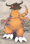  anthro belly big_belly canyon digimon digimon_(species) dinosaur foxball greymon hi_res looking_at_viewer lying male neutral_expression nude obese obese_anthro obese_male on_front outside overweight overweight_anthro overweight_male reptile scalie solo standing walking 