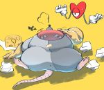  2020 anthro anus belly bodily_fluids butt cheese dairy_products duo food heart_(mad_rat_dead) humanoid_hands kemono kipchin_2nd00 lying mad_rat_(character) mad_rat_dead mammal murid murine overweight rat rodent simple_background sweat x_anus yellow_background 