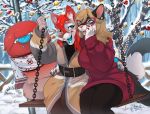  anthro belt blep blue_eyes canid canine canis clothing darkflamewolf domestic_cat duo ear_piercing eyewear felid feline felis female fur girl_talk glasses hair happy heterochromia hi_res inner_ear_fluff jacket ladies lights mammal ornaments piercing plant red_body red_fur red_hair ruolina scarf smile snow sweater swing tail_maw tail_mouth taylor_renee_wolford_(darkflamewolf) tongue tongue_out topwear tree tuft whispering wide_hips winter wolf yellow_eyes zilya-lya 
