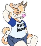  2018 alpha_channel anthony_(goldiescales) anthro biped bottomwear bovid bovine cattle clothed clothing fully_clothed goldiescales hi_res male mammal pink_nose shirt shorts sitting solo text text_on_clothing text_on_shirt text_on_topwear topwear trans_(lore) trans_man_(lore) 