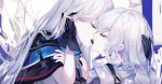  2girls arknights artist_name bangs black_gloves blue_nails chocolate commentary_request eyebrows_visible_through_hair from_side gloves hand_in_hair multiple_girls nail_polish profile sheya signature skadi_(arknights) specter_(arknights) upper_body yuri 