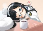  1girl black_hair blue_eyes commentary_request cup fyuo glasses hairband hat hat_removed headwear_removed heart highres jacket jacket_on_shoulders kantai_collection kotatsu long_hair looking_at_viewer mug ooyodo_(kantai_collection) peaked_cap semi-rimless_eyewear smile solo spoken_heart table under-rim_eyewear upper_body white_hairband white_headwear 