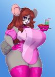 accessory anthro beverage big_breasts blue_eyes breasts brown_hair clothed clothing curvy_figure female food fur geeflakes grey_body grey_fur hair hair_accessory hair_bow hair_ribbon hand_on_hip hi_res huge_breasts legwear long_hair looking_at_viewer mammal mouse murid murine ribbons rodent solo thick_thighs thigh_highs voluptuous 