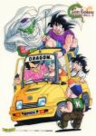  1990s_(style) 1girl 6+boys aqua_hair baby bandaid baseball_cap black_eyes black_hair bulma cape car character_name colored_skin copyright_name dragon_ball dragon_ball_z driving green_skin grin ground_vehicle hat kuririn logo long_hair motor_vehicle multiple_boys muscular muscular_male official_art open_mouth piccolo pink_shirt pointy_ears shirt shorts simple_background sleeves_rolled_up smile son_gohan son_goku suspenders sweatdrop toriyama_akira trunks_(dragon_ball) turban vegeta white_background 